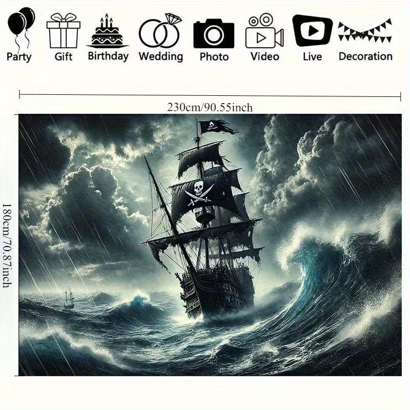 2D Jolly Roger Flag Pirate Ship Background for Birthday & Festival 47.2x31.5inch/120*80cm