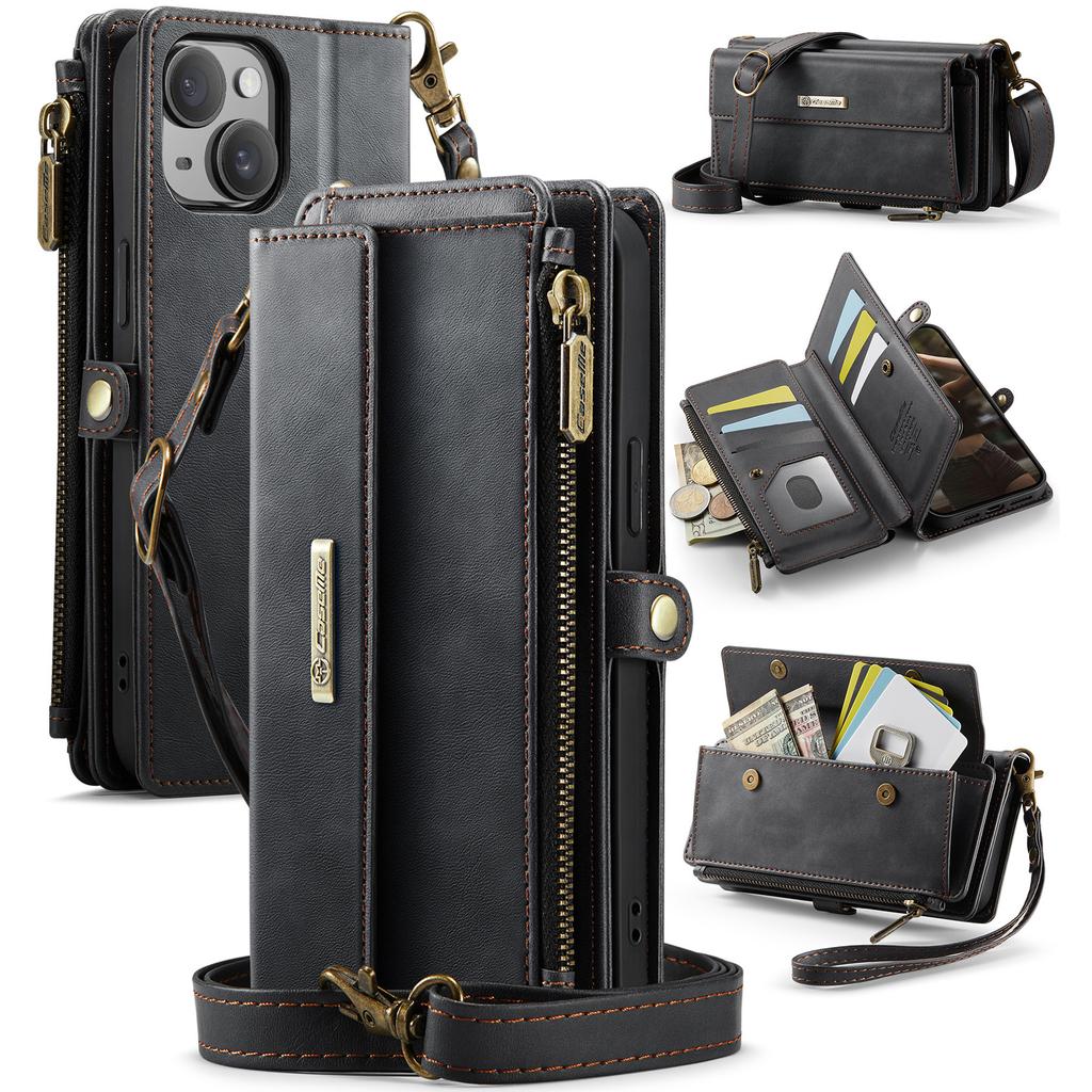 For iPhone 15 Case CASEME C39 RFID Blocking Zipper Wallet Stand Leather Cover with Strap