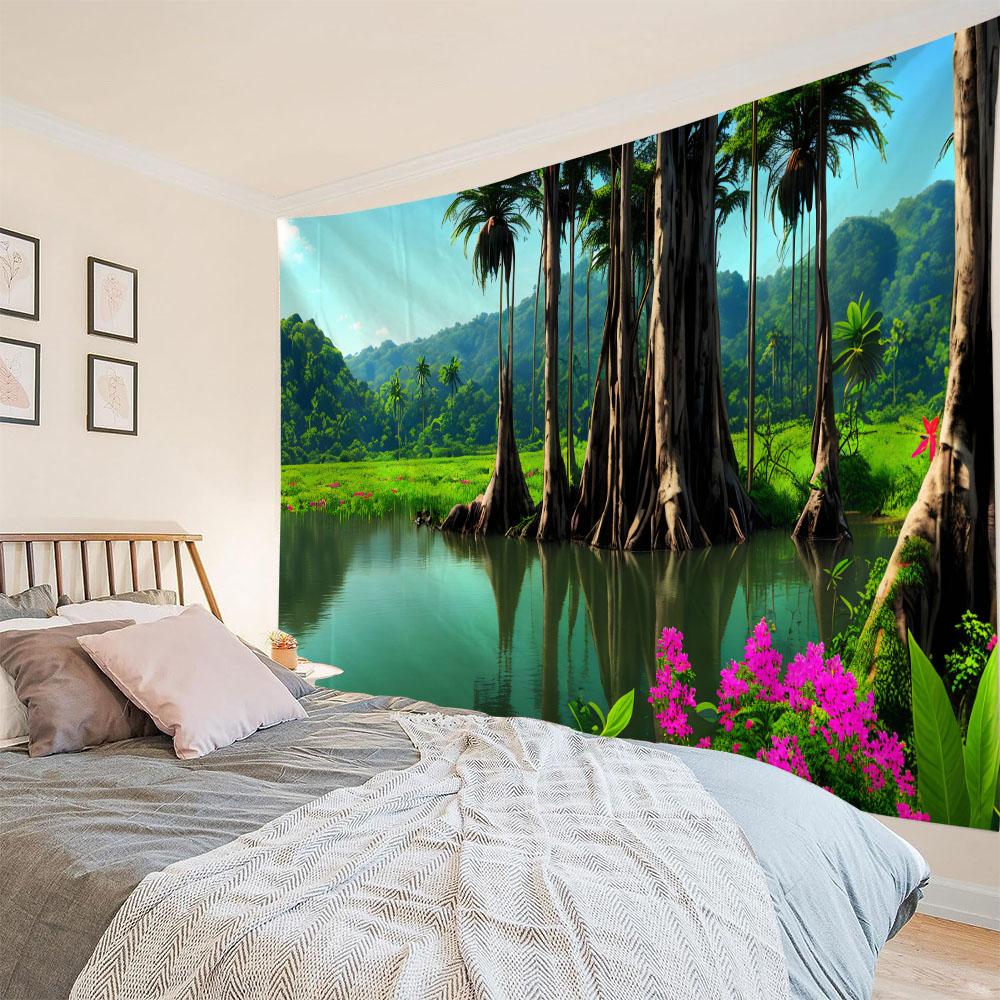 Tropical Rainforest Tapestry with Flowers & Birds Green Natural Landscape Wall Hanging Background Poster for Home Decoration
