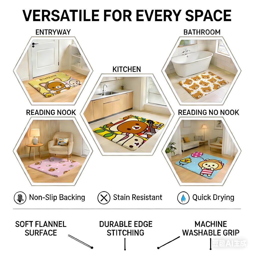 Floor Mat Eco Flannel Doormat Non-Slip Odorless Indoor Soft Short Plush Floor Rug R-Rilakkuma Anime