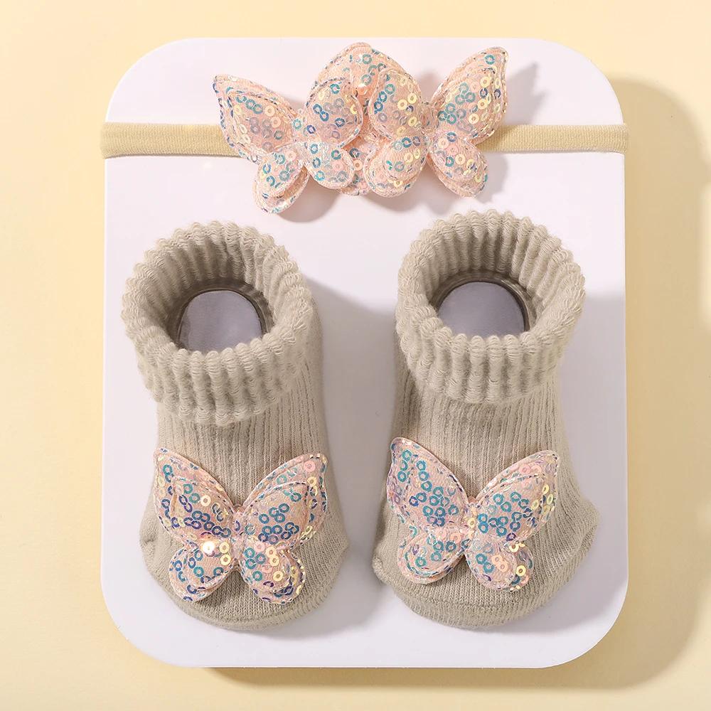 

0-1 год Прекрасный мультяшный набор детских носков и повязки для волос Младенец Малыш Нескользящие Дышащие Короткие Носки Подарок Новорожденному Реквизит для Фото