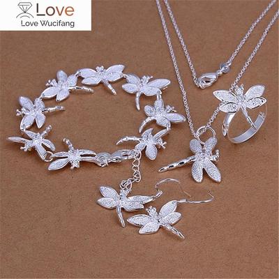 Mode 925 Sterling Silber Kristall Hübsche Libelle Anhänger Halskette Ohrring Armband Ringe für Frauen Schmuck Set Charme Geschenke