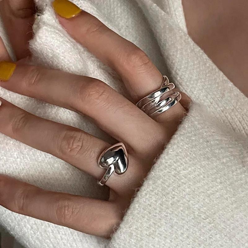 VENTFILLE Stamp Silve Color Love Heart Overlapping Ring for Women Girl Birthday Gift Irregular Hip Hop Fashion Jewellery