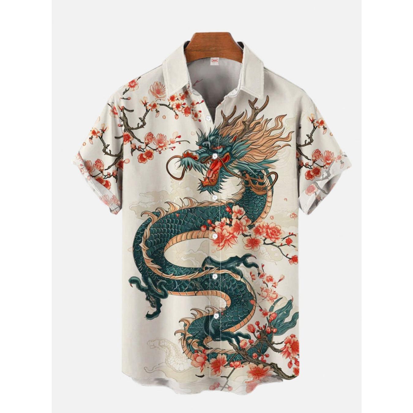 Men s Dragon Print Casual Beach Shirts 3D Printing Short Sleeve Button Up Hawaiian Shirts Streetwear Men s Vacation Shirt XS