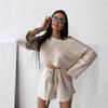 Womens 2026 Loose Comfortable Long Sleeve Top Shorts Set Pure Color Casual Lounge Wear