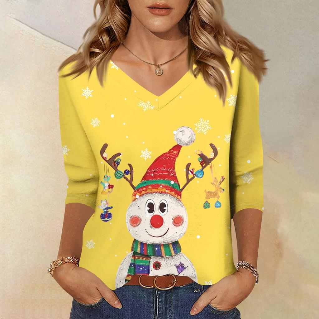 3/4 Sleeve Shirts For Women Print Christmas Tees Blouses Casual Plus Size Basic Tops Pullover