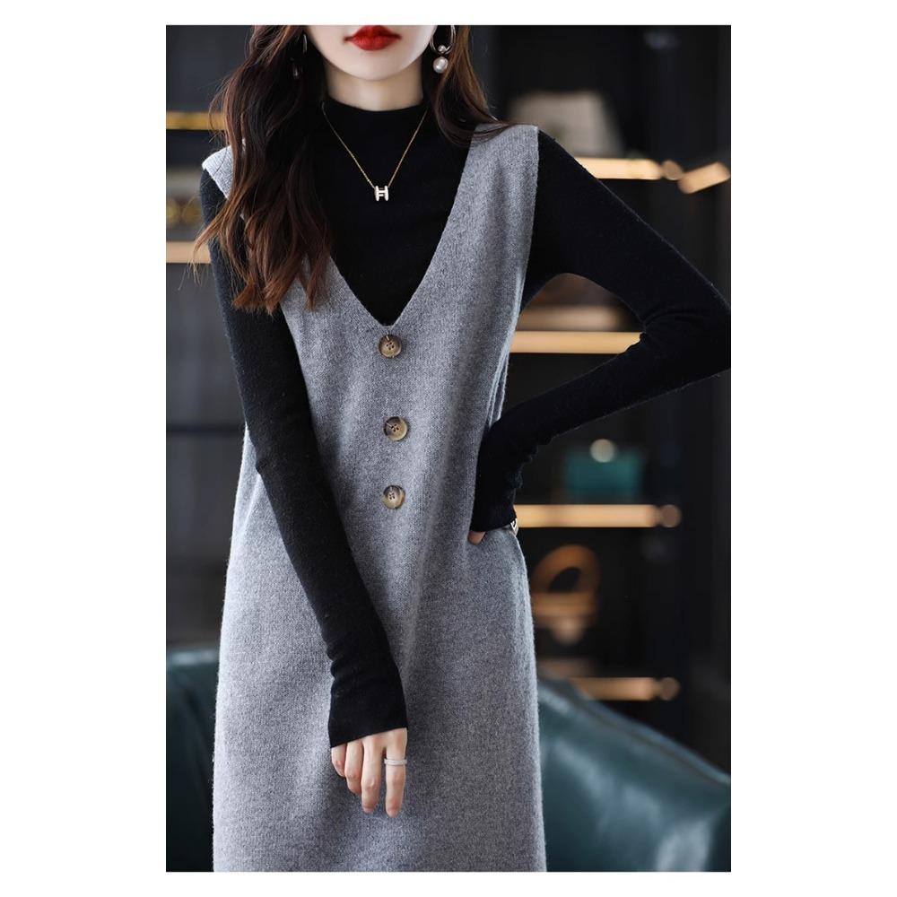 

Трикотажный жилет без рукавов длиной до колена, юбка, осенне-зимний однотонный свитер с V-образным вырезом и майкой one size серый