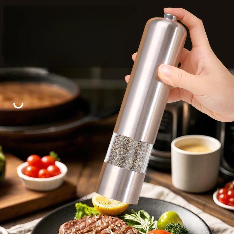 1Pcs Stainless Steel Automatic Spice Mill With Led Indicator Light Battery‑Powered Salt And Pepper Grinder For Home Kitchen