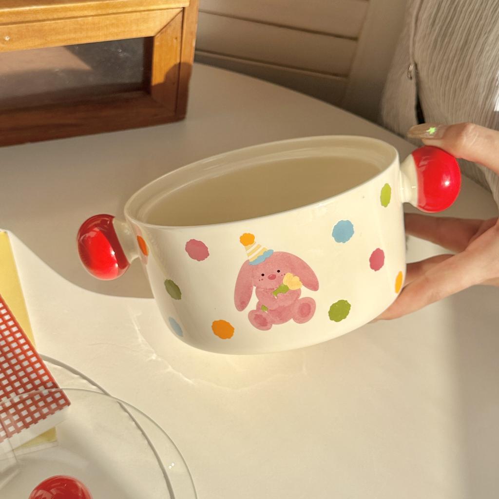 Cute instant noodle bowl with lid spoon Ceramic big bowl High value snail wordy powder bowl Student dormitory rice bowl