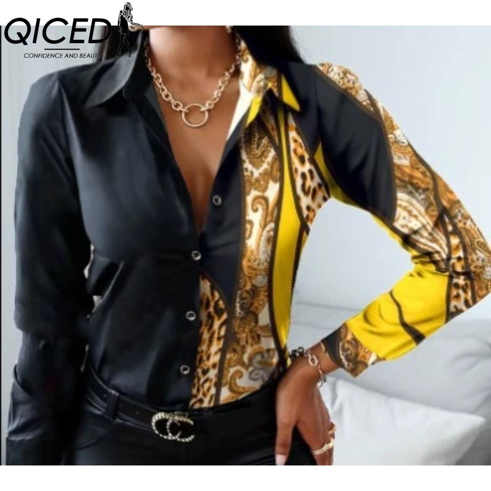 QICED Women's Fashion Casual Solid Color Print Long Sleeve POLO Neck Blouses & Shirts