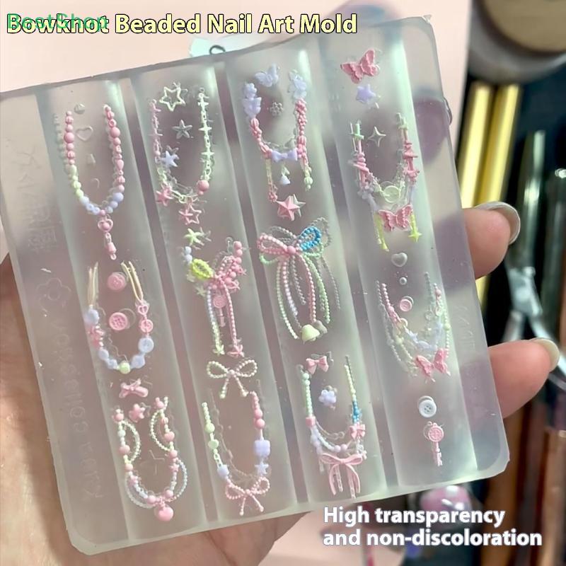 3D Silicone Nail Art Mold Relief Bowknot Beaded Chain Strap Heart Design DIY Nail Decor Transparent Manicure Template