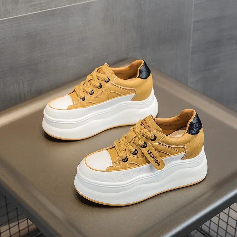 9cm Genuine Leather Platform Sneakers Wedge Shoes for Women Breathable Sneakers Autumn Casual Shoes Hidden Heel Zapatillas Mujer
