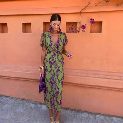 Summer European and American Women's Clothing Temperament Elegant Long Dress V-neck Short-sleeved Dress European and American Celebrity Style