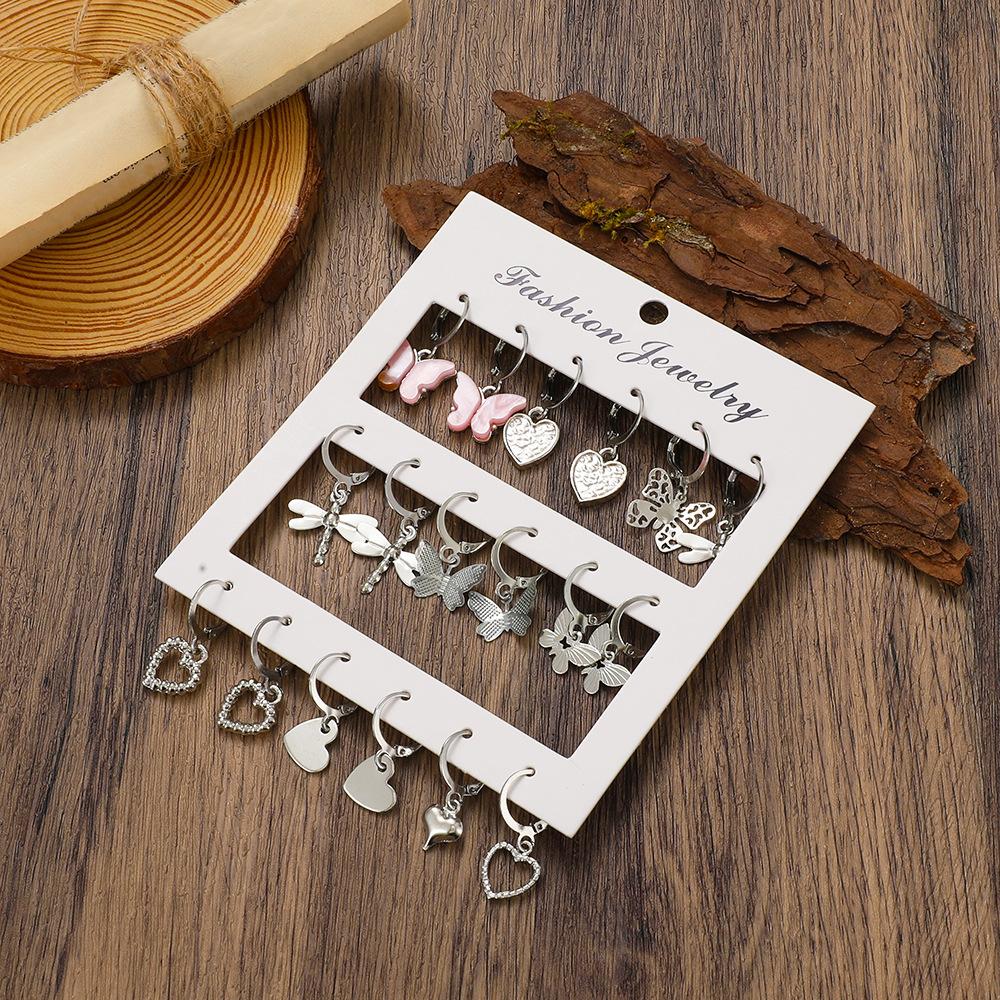 High Quality Hot-selling Simple Hollow Butterfly Ear Buckle 9-piece Set Creative Multi-element Dragonfly Earrings Heart Earrings Wholesale