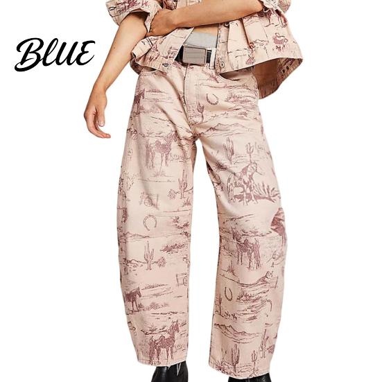 Wide-leg Denim Pants for Women Barrel Jeans Floral Print Boyfriend Baggy Casual Mid Rise Wide Leg Ankle