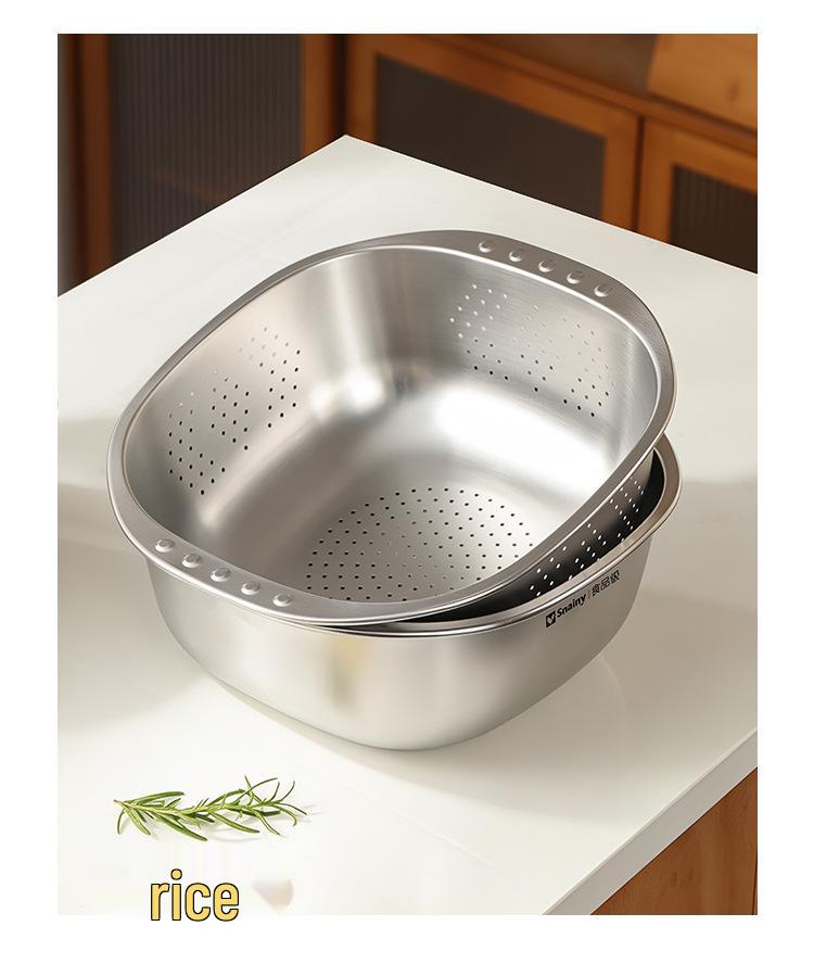 Stainless Steel Square Colander & Storage Basin Set for Washing Vegetables and Fruits