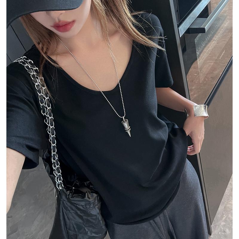 

Modal V-neck loose large version front shoulder short-sleeved T-shirt women s versatile outer wear summer high-end Korean women s top s (suitable for weight 35-47.5kg ) чёрный