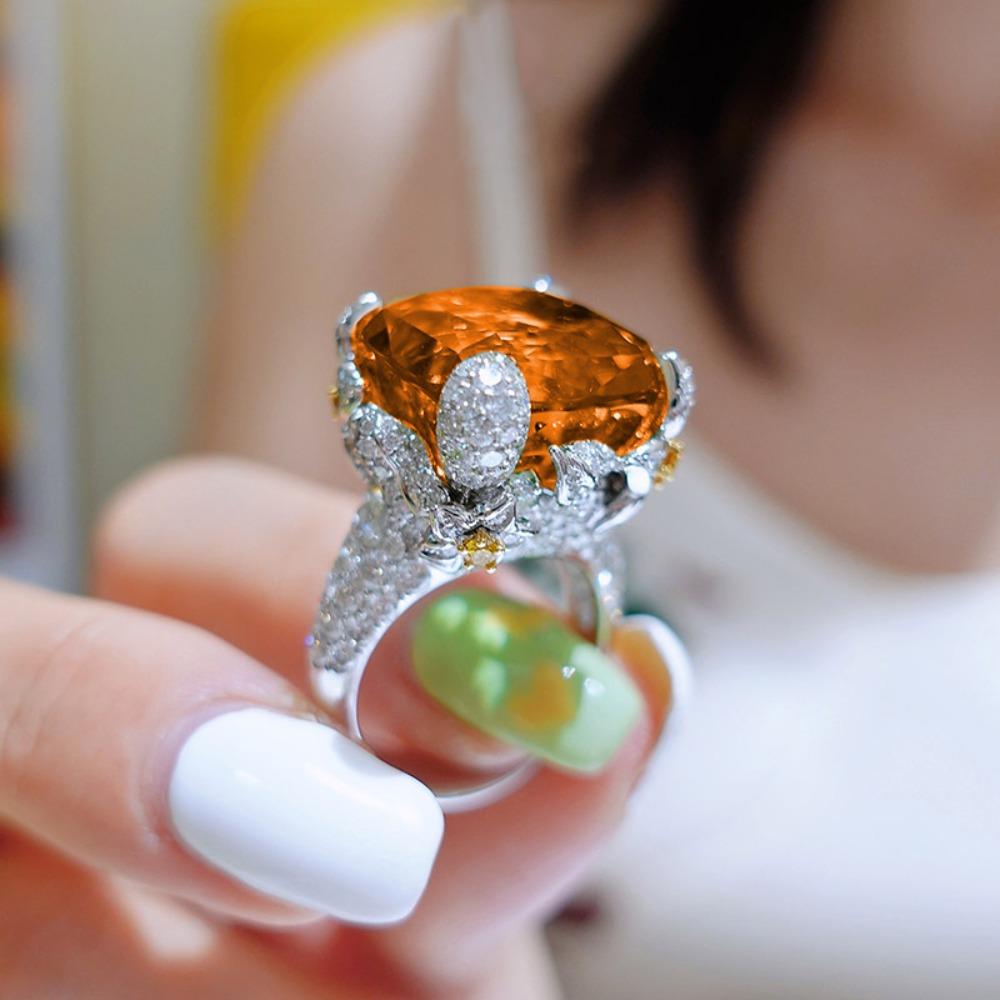 

Adjustable Open Ring for Women Fancy Orange Flower Design Imitation Padparadscha Gemstone adjustable