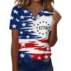 Damen-T-Shirt mit Aufdruck „Unabhängigkeitstag“ und Knopfleiste, kurzärmelig, für den Alltag und das Wochenende, modisch, Basic, V-Ausschnitt, normales Oberteil