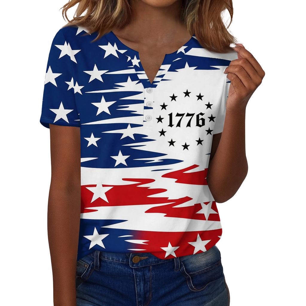 Damen-T-Shirt mit Aufdruck „Unabhängigkeitstag“ und Knopfleiste, kurzärmelig, für den Alltag und das Wochenende, modisch, Basic, V-Ausschnitt, normales Oberteil