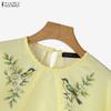 ZANZEA Women Lace Splice Round Neck 3/4 Sleeve Loose Print Blouse