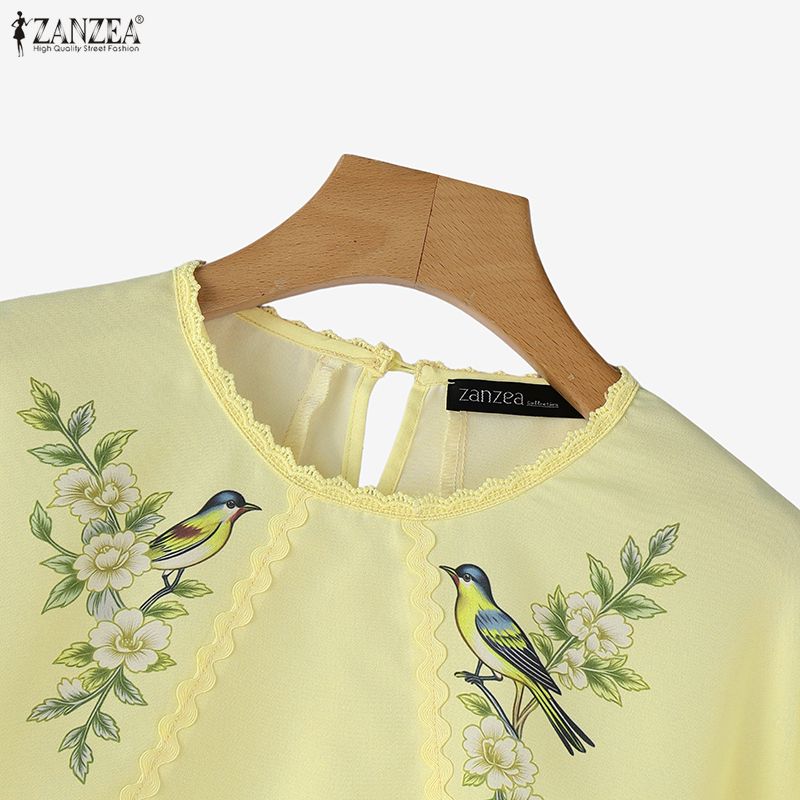 ZANZEA Women Lace Splice Round Neck 3/4 Sleeve Loose Print Blouse