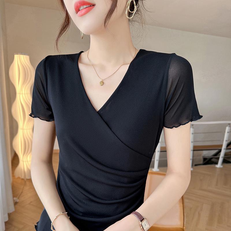 

2025 Women s Summer V-Neck Ruffle Short-Sleeve Ice Silk T-Shirt 2XL чёрный