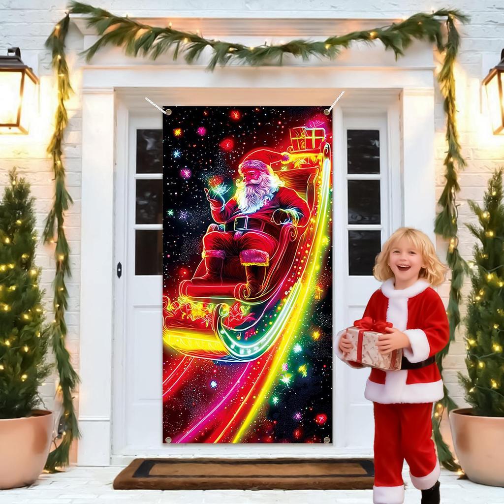 Santa Kryt na vchodové dveře 3x6 stop UV Fluorescenční Vánoční dekorace Dekorace na verandu Pozadí Banner Pro Garáž Verandu Vchod Venkovní