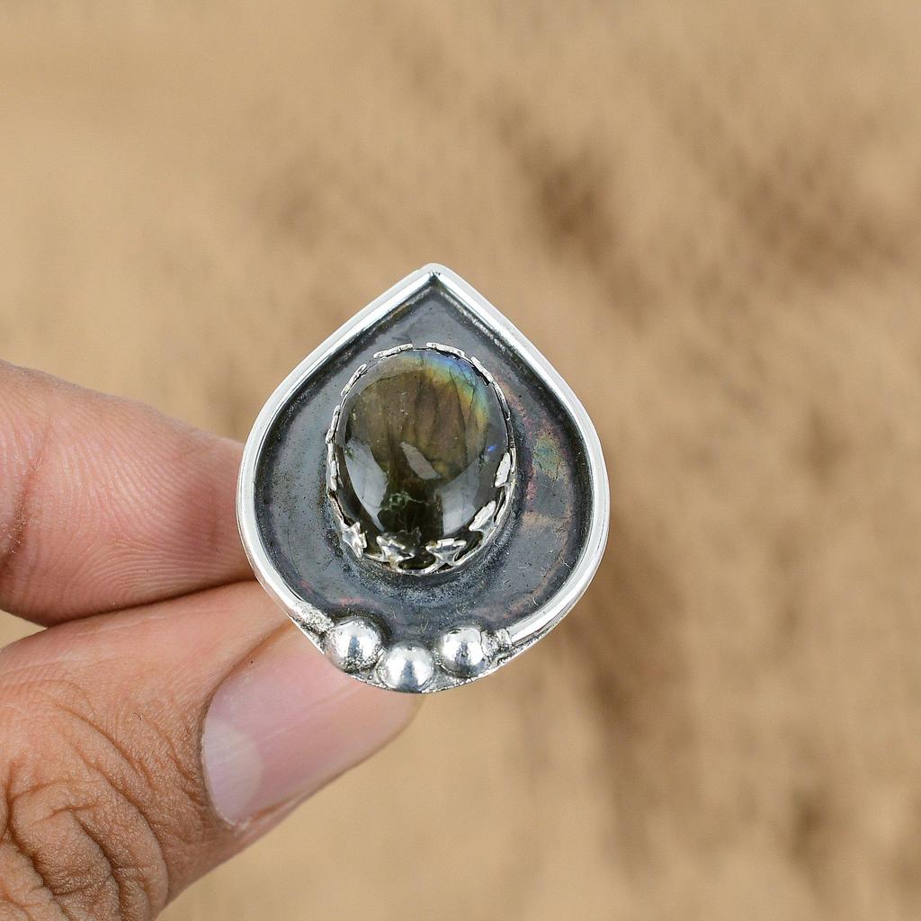 Natural Labradorite Gemstone Promise Blue Adjustable Ring 925 Sterling Silver