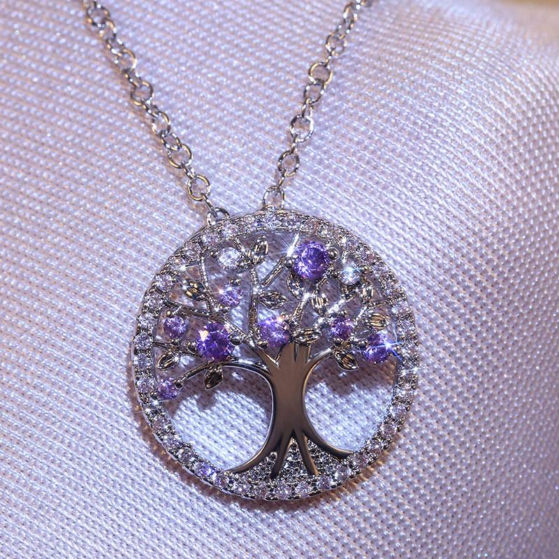 Silver Plated Tree of Life CZ Pendant Necklace, Colorful Crystal Halo Cable Chain Necklace for Women