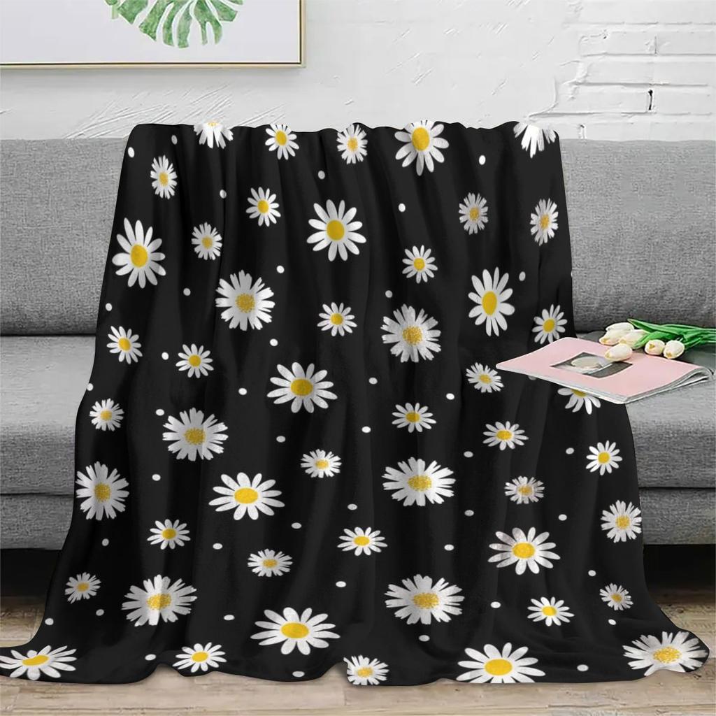Black Daisy Print Blanket 2D Soft Cozy Flannel Throw Blanket For Bed Couch Sofa Camping Travel Warm Blanket For Home Decor Gift