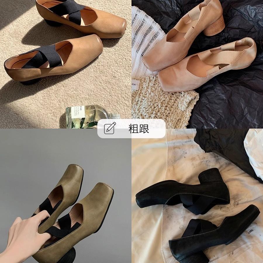 2025 spring new pig nose high heel Mary Jane single shoes women's retro cross strap square head thick heel ballet shoes