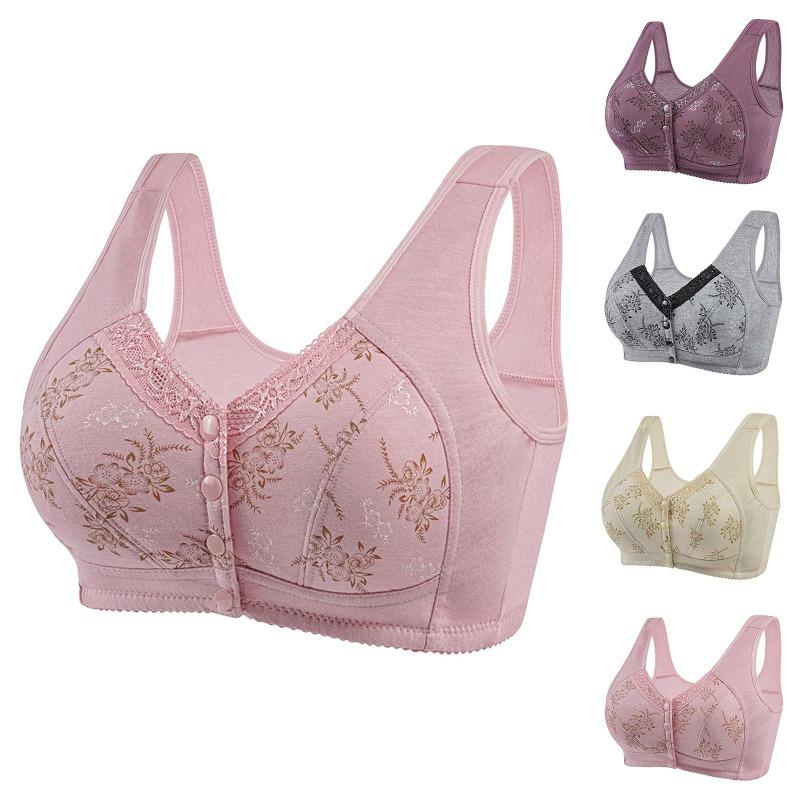 Women's Middle-aged And Elderly Large Size No Steel Ring Front Buckle Wide Shoulder Strap Soft Cotton Cup Bra
