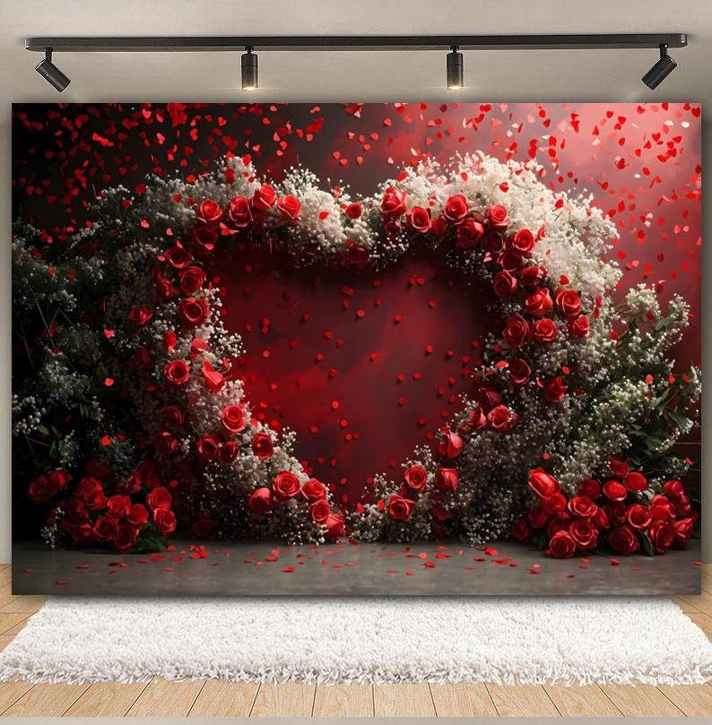 February 14 Valentine's Day Photography Backdrop Red Rose Arched Heart Flowers Romantic Wedding Bridal Shower Photo Background