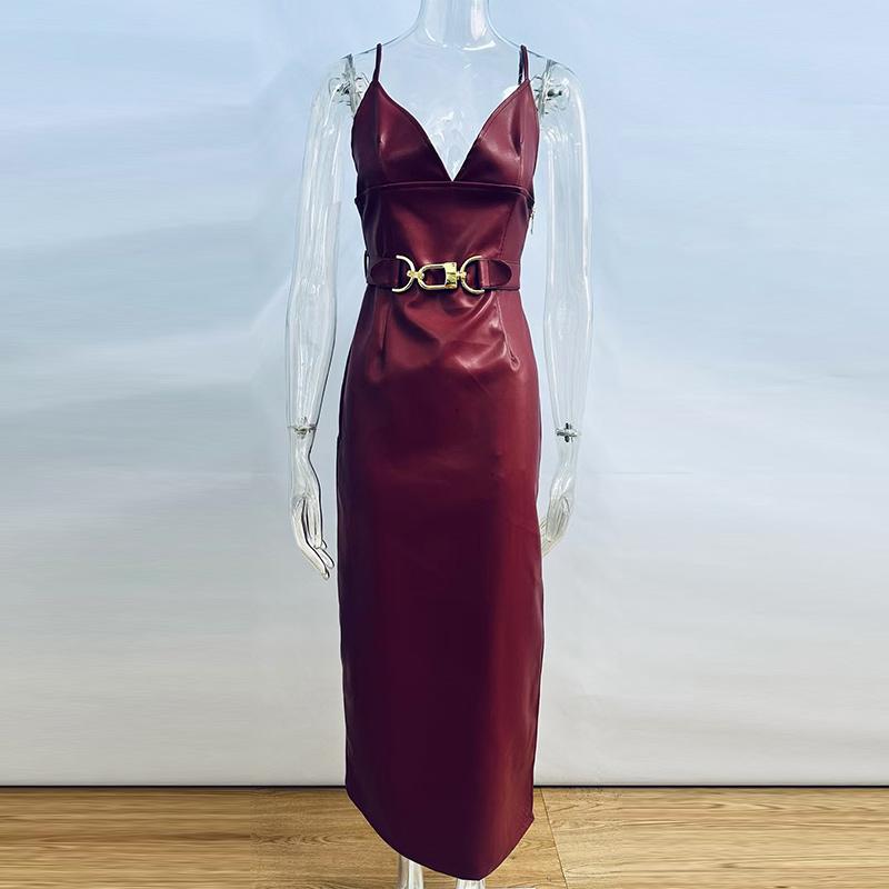 

Сексуальное винно-красное PU длинное платье без рукавов с глубоким V-образным вырезом на спине и боковыми разрезами для вечеринок в стиле ночного клуба L вино красного