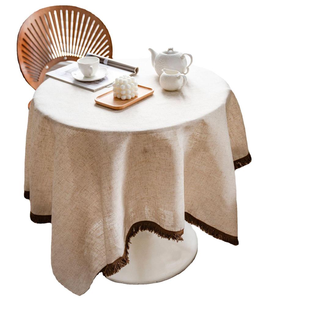Imanqiyun Khaki Tassel Tablecloth - American Country Linen Blend Rectangular