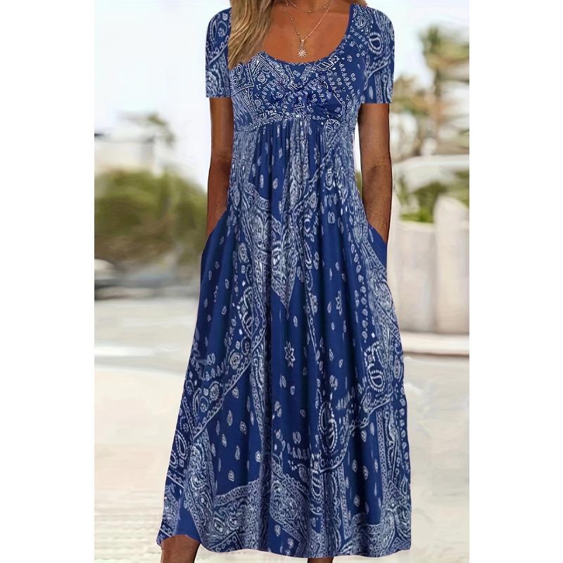 A New Summer Dress with A Mid-waist, Short Sleeve, Round Neck and Retro Printed Style, Featuring A Comfortable and Casual Pullover