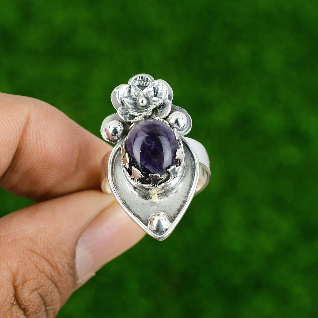 Natural Chevron Amethyst Statement Flower Purple Adjustable Ring 925 Silver