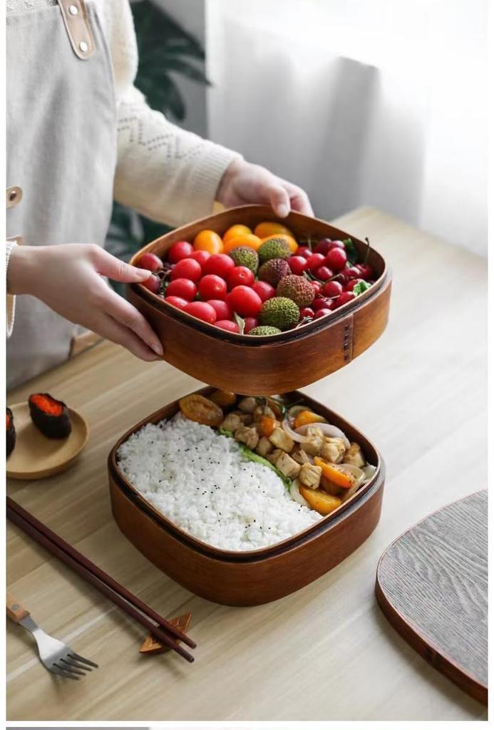 KXLCGYK Bentwood Bento Box, 2-Tier, Large Capacity, 2800ml, with Cross Dividers, Japanese-Style Wappa Lunch Box, Natural Lacquer Finish, Removable