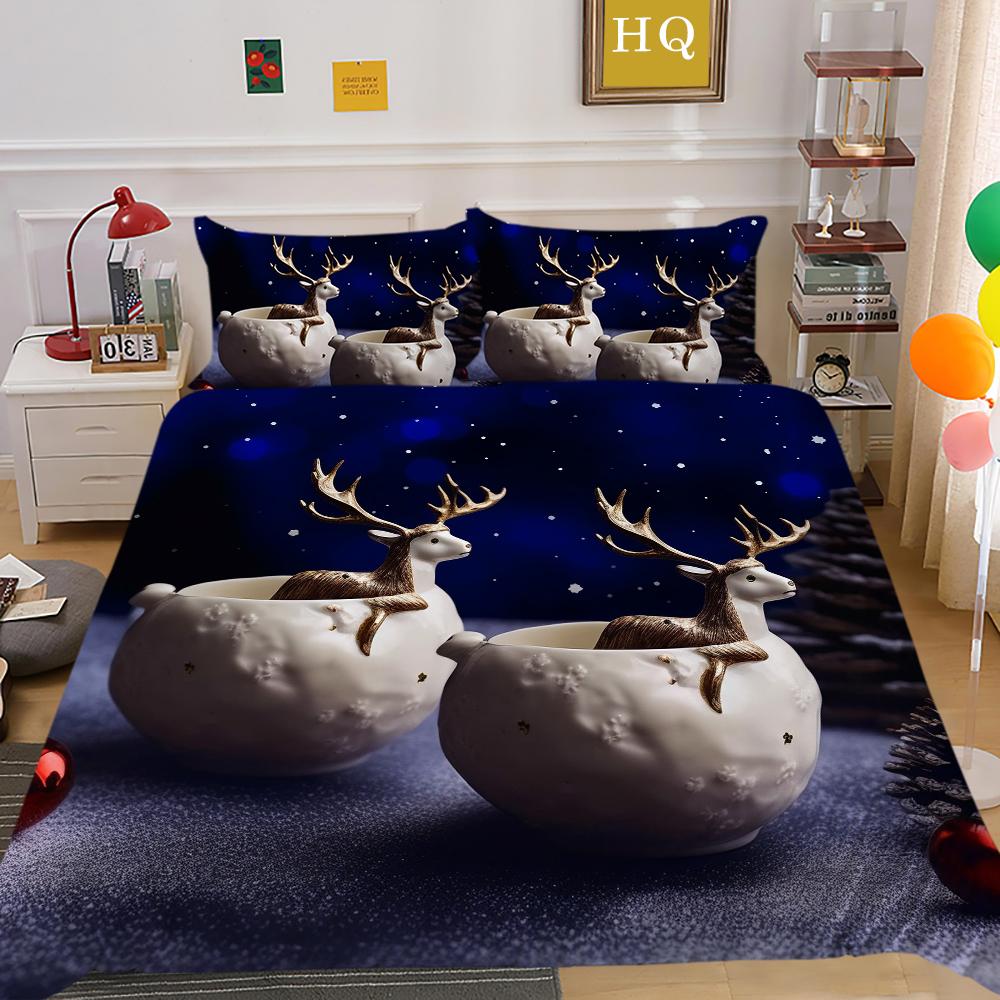 Kemila 3D Bedding Set Christmas Elk Pattern Duvet Cover Comforter Bed Linen Single Twin Full Queen Size Kids Girl Boys Gift Home Decor