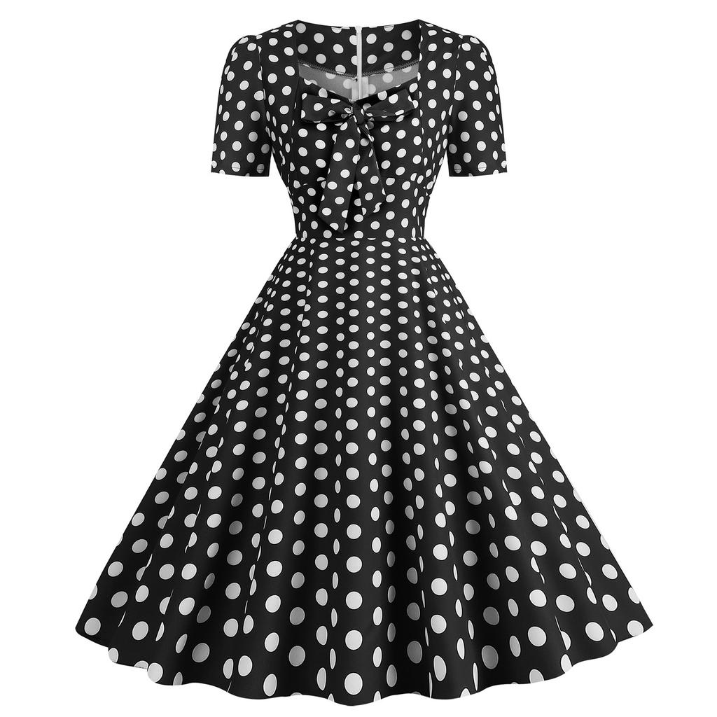 Women's Fashion Temperament Retro Polka Dot Lace-up Backless Set Neck Big Swing Puffy Casual Performance Dress