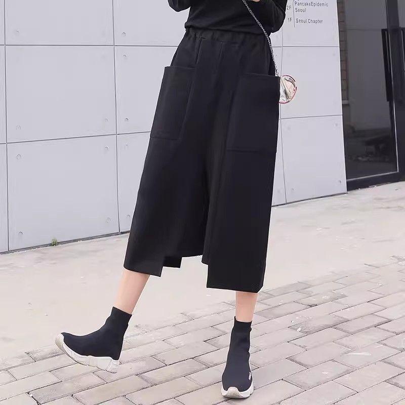 

Свободные брюки женские 2025 весенняя мода новые укороченные брюки повседневные мешковатые прямые брюки асимметричный большой карман женская одежда Black M