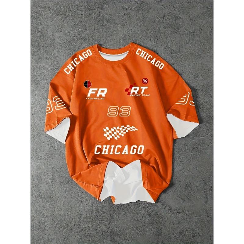 Men'S Retro Racing Pattern Short Sleeve T-Shirt - Breathable Polyester, Chicago Street Style Logo Design