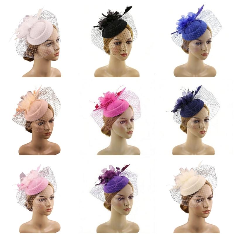Elegant Feathered Flower Fascinator Hat for Women Cocktail Party Wool Fedoras Hat For Masquerade Parties Dressingup