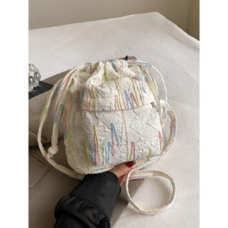 Fashion Rainbow Stripes Embroidery Pleated Bucket Bag Chain Single Shoulder Crossbody Bag Bag