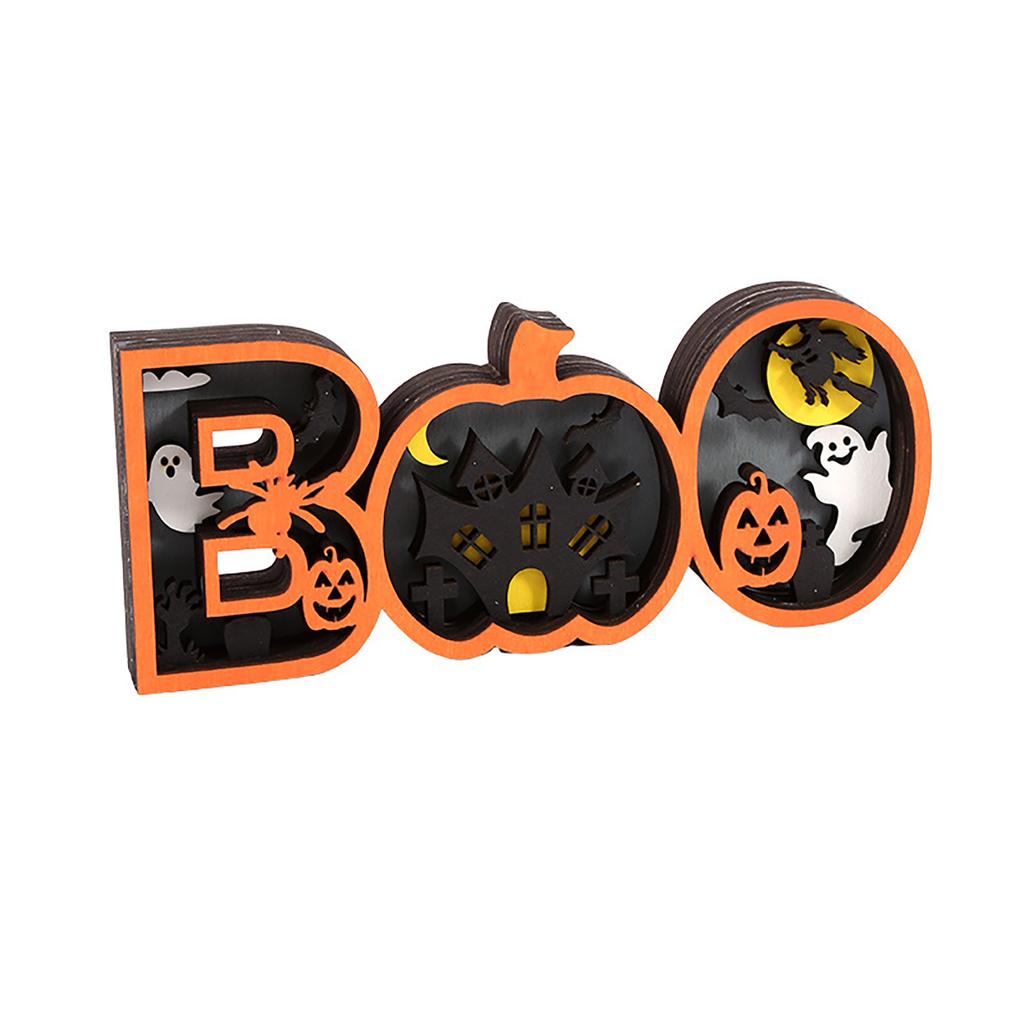 Wooden Halloween Decorative Night Light Sign with 3D Carved Pumpkin Ghost and Haunted House Design for Seasonal Indoor Display