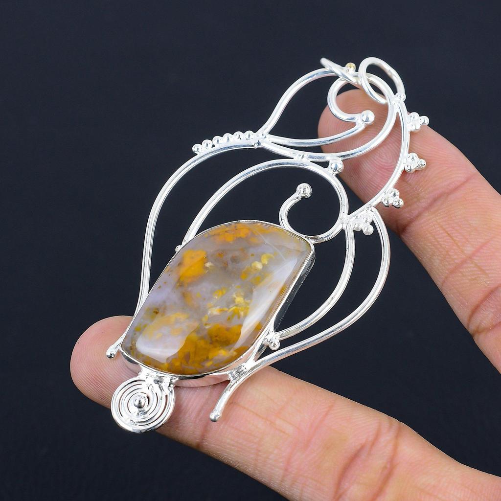 Halloween Sale Natural Plume Agate Trendy Bezel Wedding Pendant Sterling Silver