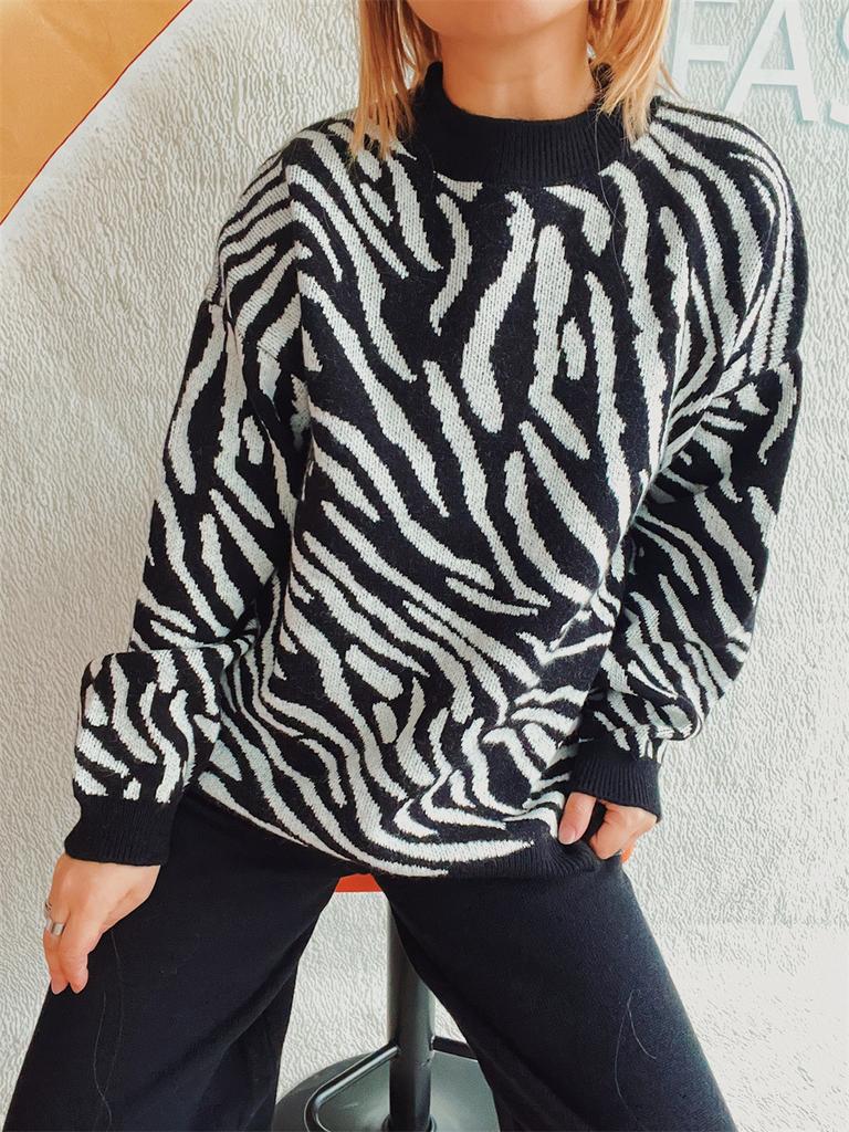 Women's new autumn and winter commuting knitted zebra print contrasting pullover sweater KTB