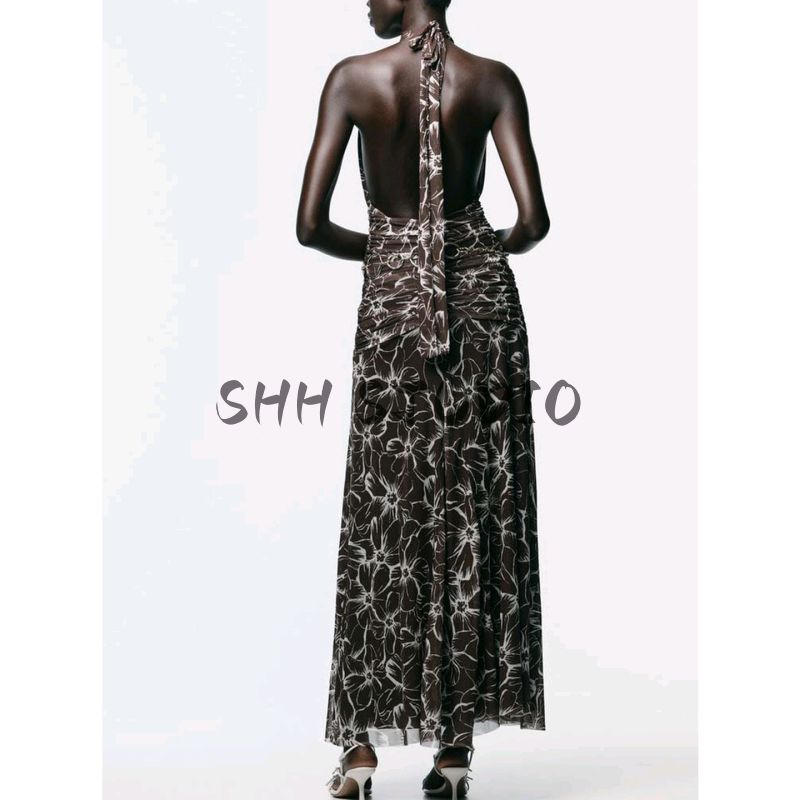 Fall Women's Clothing Ruched Decorative Bowknot Shoelace Hanging Collar Print Silk Net Length Dress 5039143