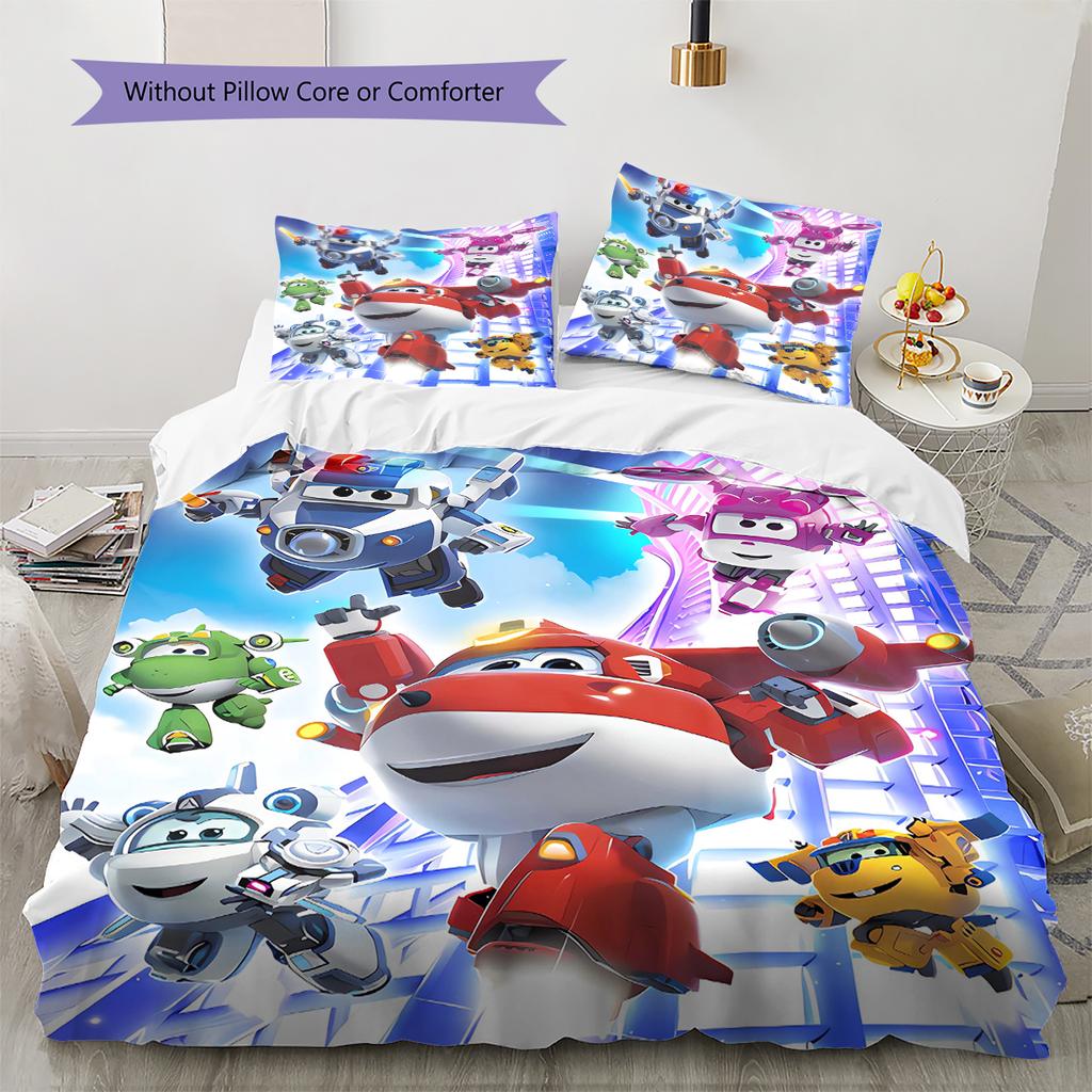 Super Wings Vzor Povlečení Sada Prošívaných Dek Quilt Cover Povlak na Polštář Domácí Dekorace Dárek (1 * povlak na peřinu + 2 * povlak na polštář, bez jádra)
